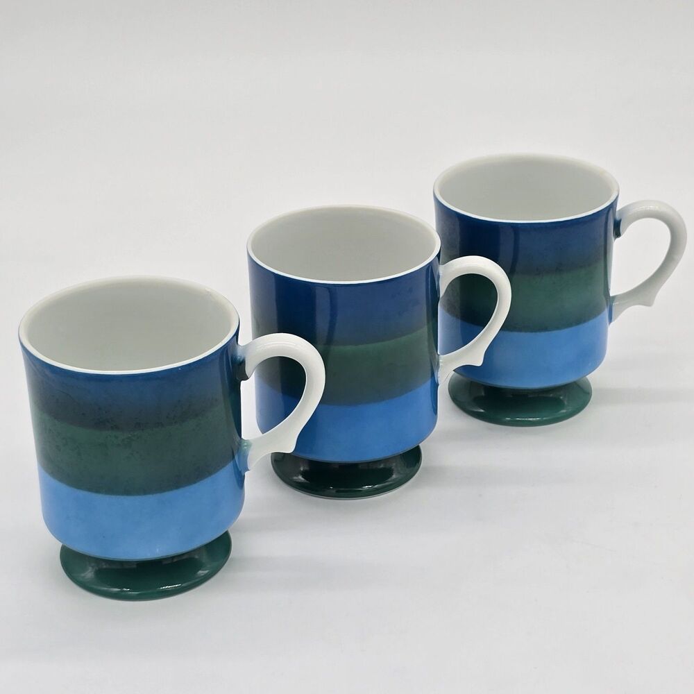 3 Vintage Holt Howard 1966 Blue Striped Footed Coffee Mugs Cups Japan 7932